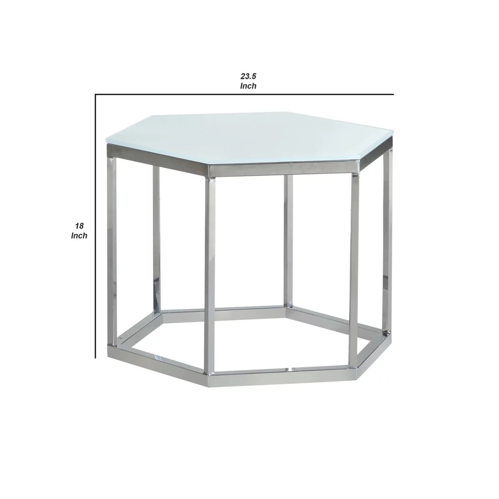 Hexagon Glass Top Accent Table White and Silver P823