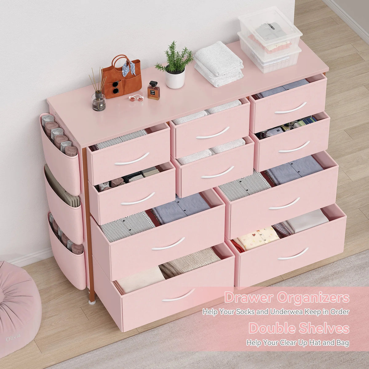 Pink 10 Drawer Fabric Dresser with Wood Tabletop A783044