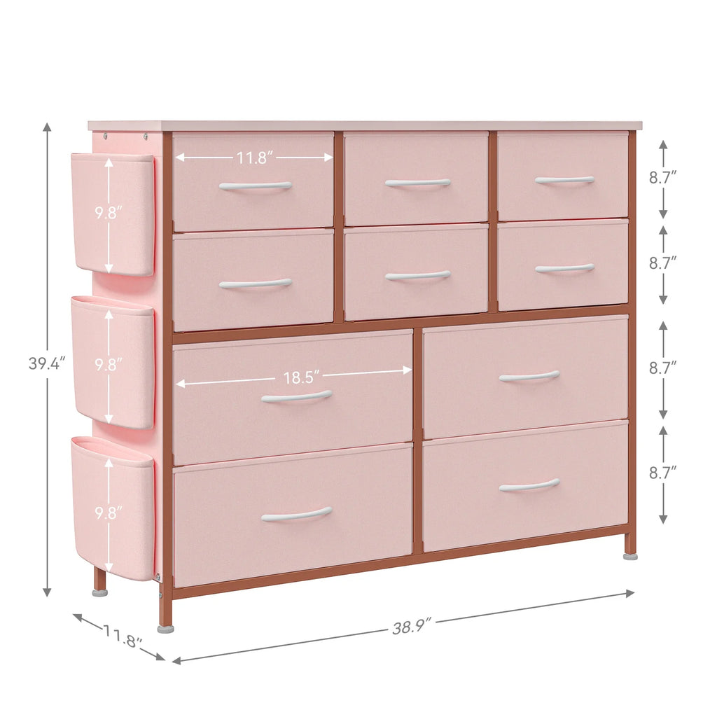 Pink 10 Drawer Fabric Dresser with Wood Tabletop A783044