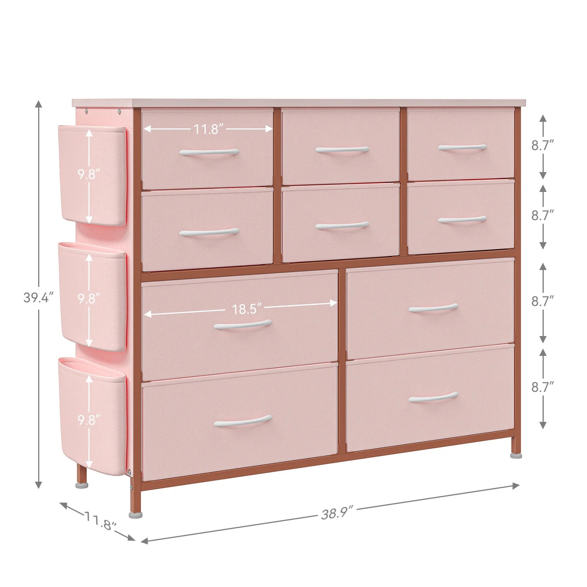Pink 10 Drawer Fabric Dresser with Wood Tabletop A783044