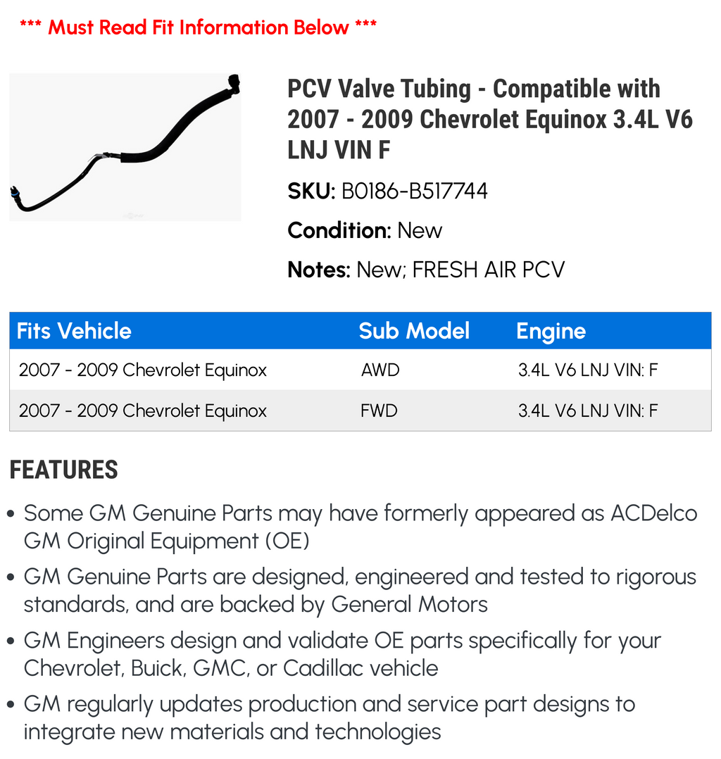 PCV Valve Tubing for 2008 Chevy Equinox 3.4L V6 V747