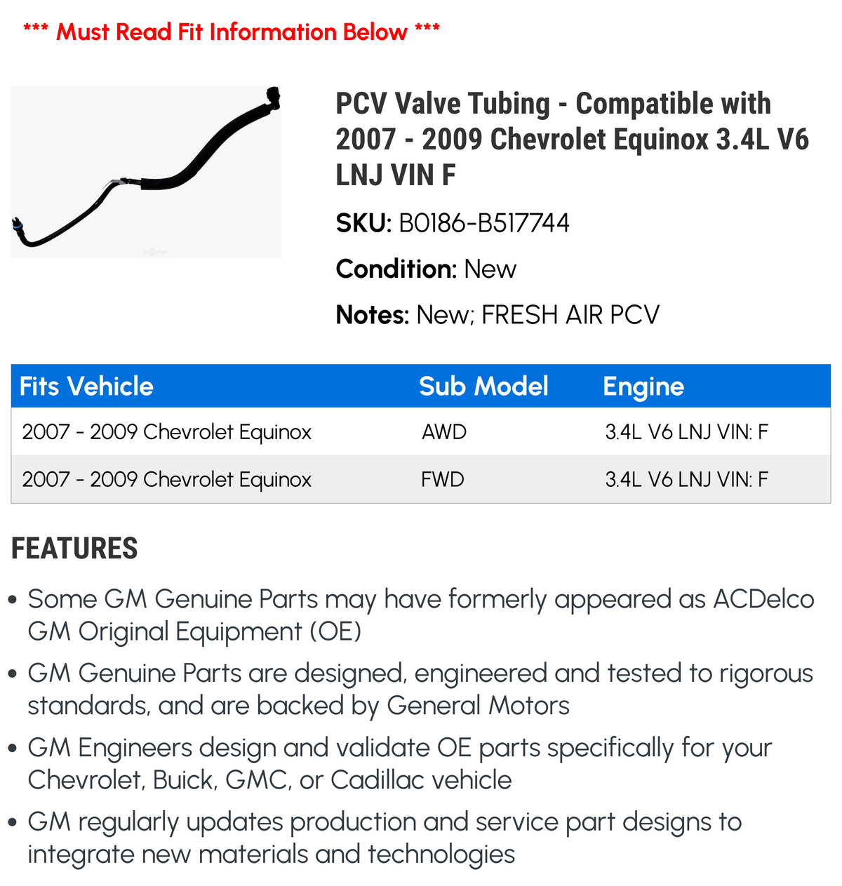 PCV Valve Tubing for 2008 Chevy Equinox 3.4L V6 V747