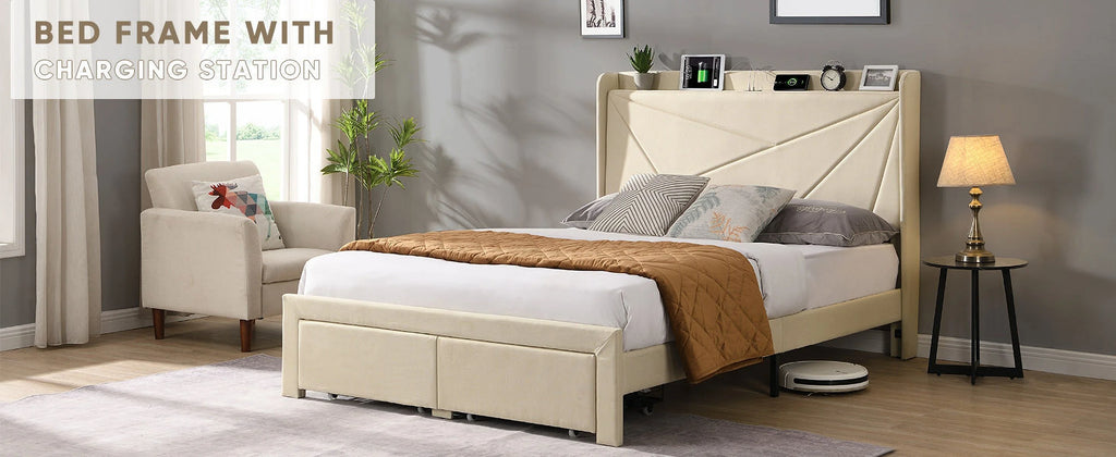 Beige Full Size Bed Frame with 2 Storage Drawers R8193