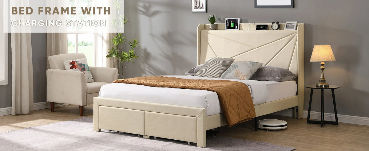 Beige Full Size Bed Frame with 2 Storage Drawers R8193