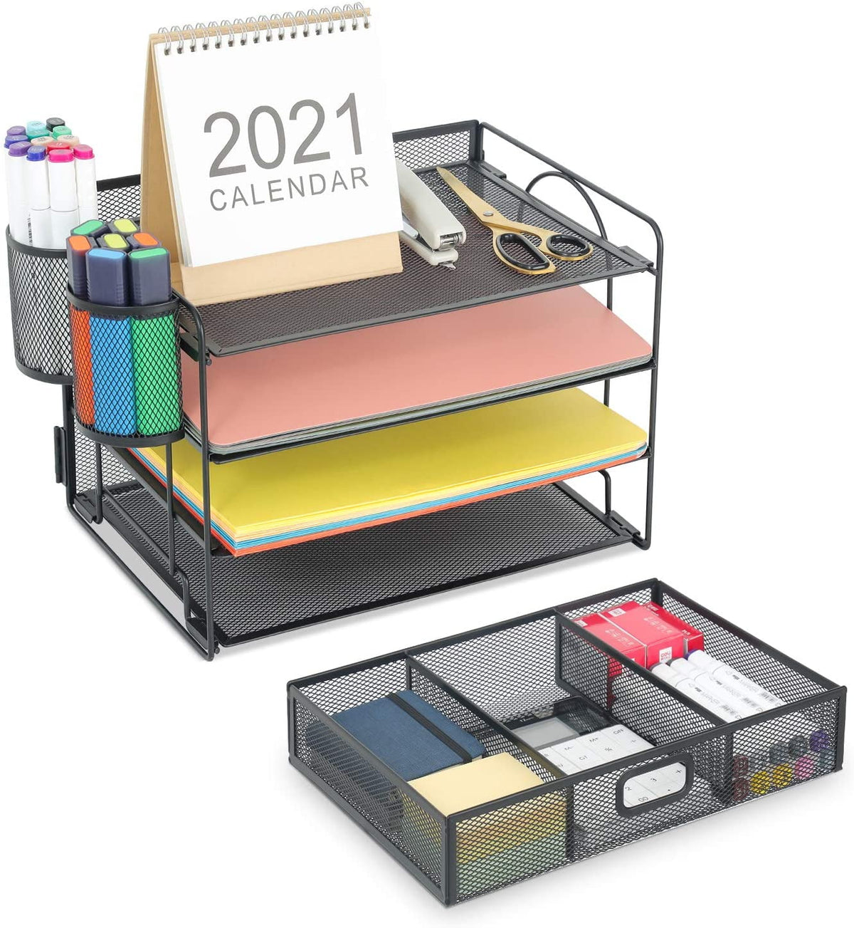 Black 4-Trays Mesh Desktop File Organizer with Drawer and Pen Holder R88168