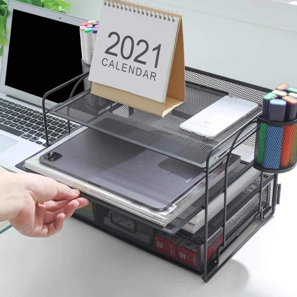 Black 4-Trays Mesh Desktop File Organizer with Drawer and Pen Holder R88168