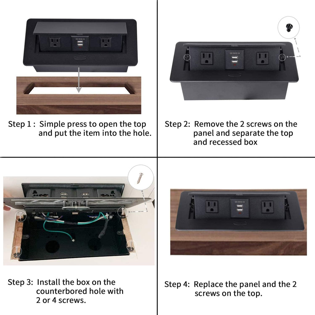 Pop up Outlet Desktop Connection Box with 2 Independent Power, USB, RJ45, VGA, HDMI, 3.5 mm Audio, Black, Pack of 2 E13317