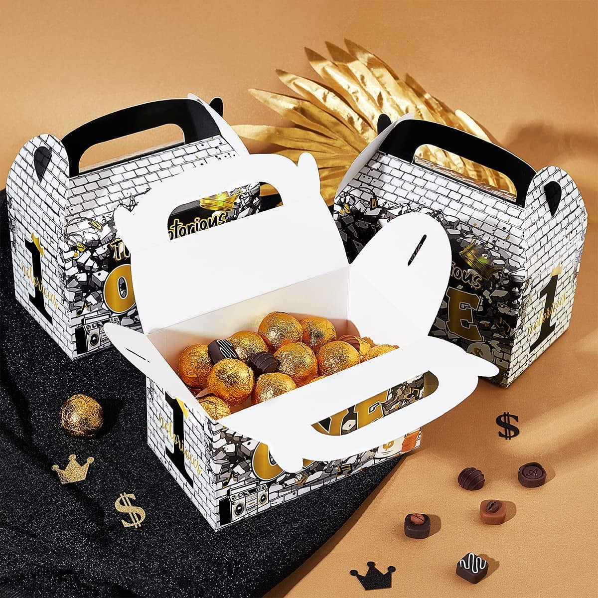 Black Gold 1st Birthday Treat Boxes with Handle M256