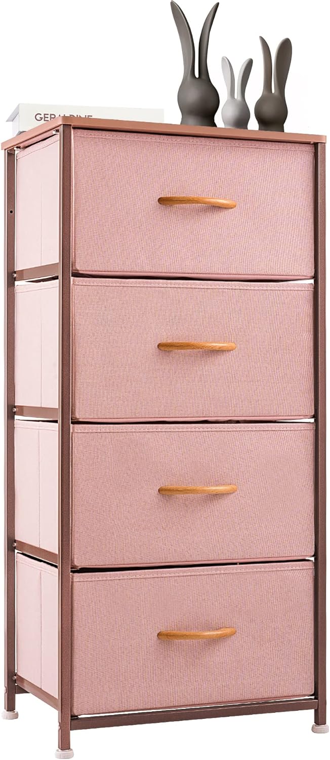 Vertical Dresser Storage Tower, Steel Frame, Wood Top, Fabric Bins, 4 Drawers, Brown Z789