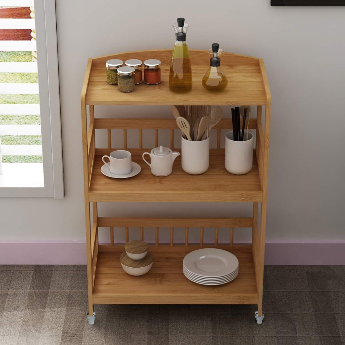 3-Tier Bamboo Storage Utility Cart on Wheels O536
