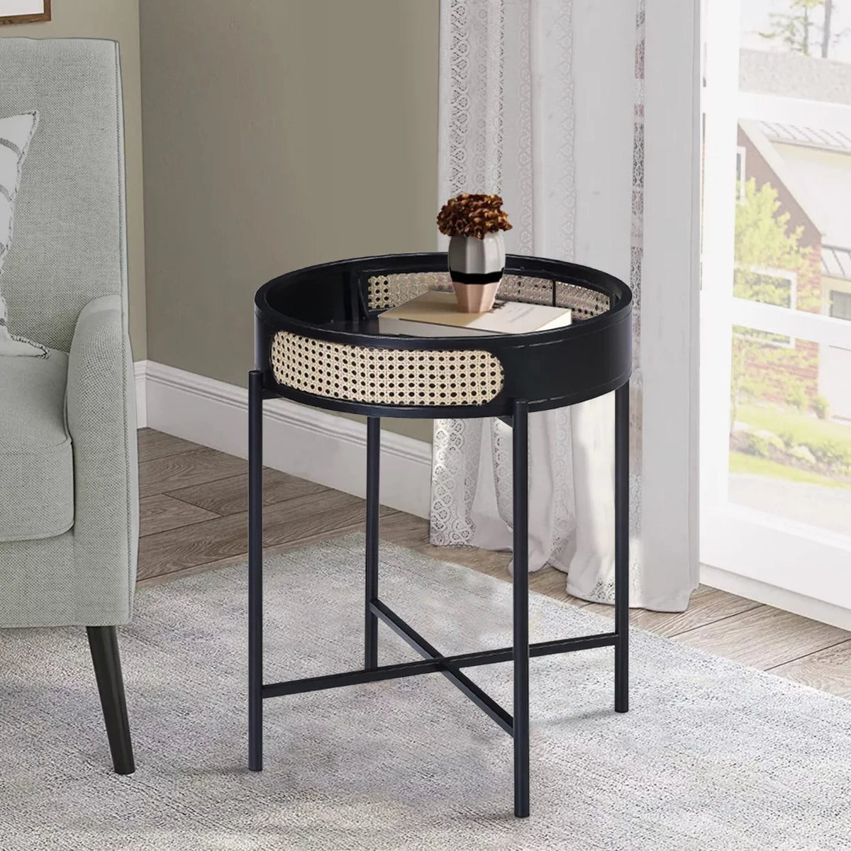 24 Inch Round End Table Rattan Accent Metal Legs Black A834