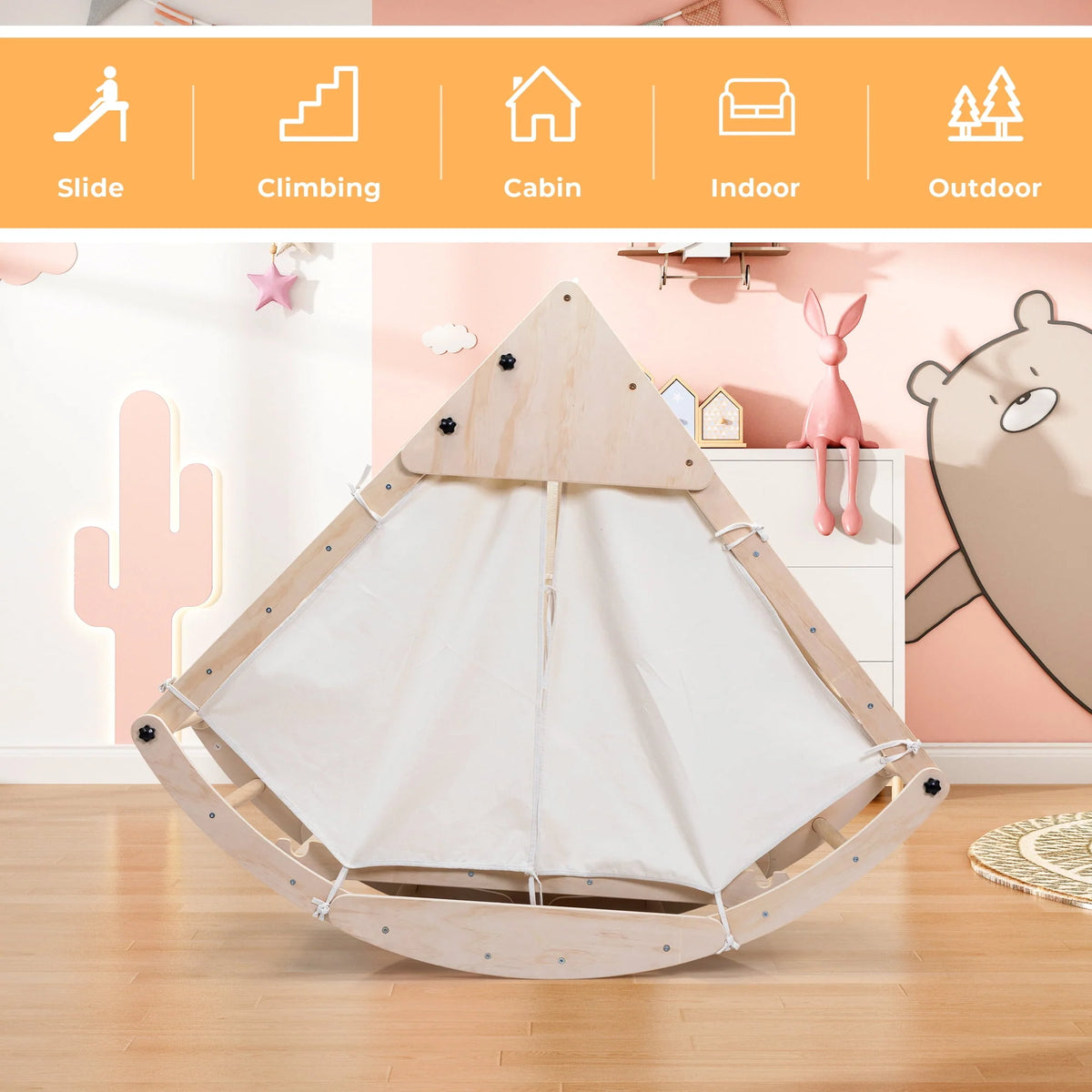 Foldable Wooden Climbing Triangle Ladder with Ramp B13434