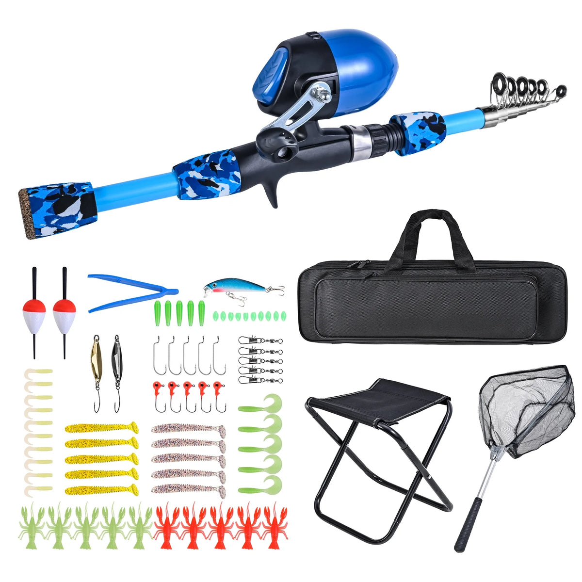 Fishing Rod and Reel Combo with Collapsible Stool, Landing Net, Telescopic Pole, and Tackle Box G452012