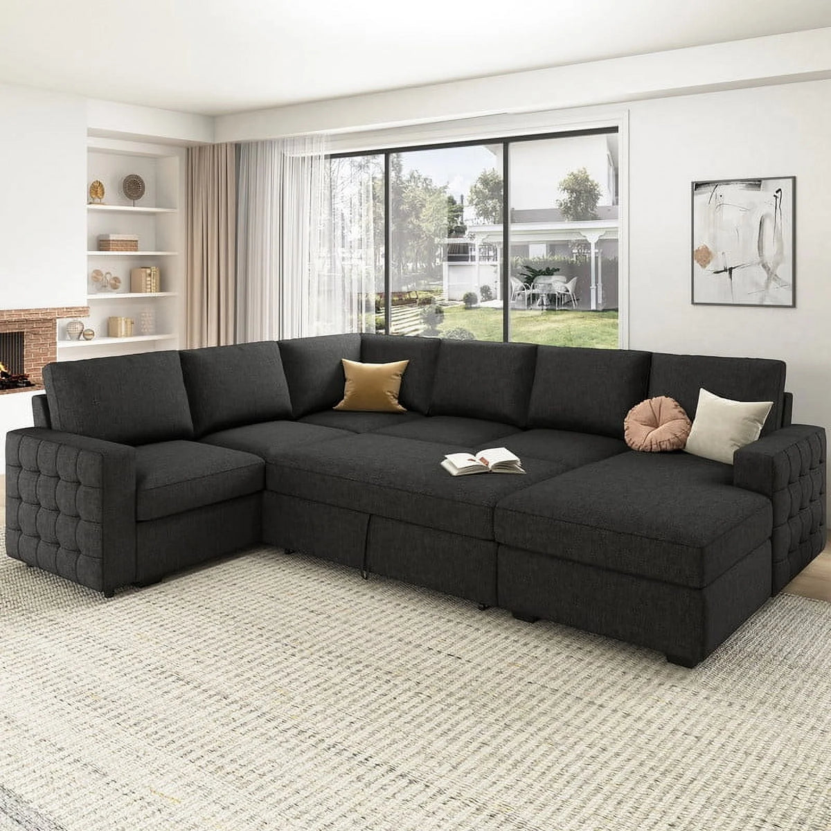Dark Grey Convertible Sleeper Sectional Sofa with Pull-out Bed and Storage Chaise X27544