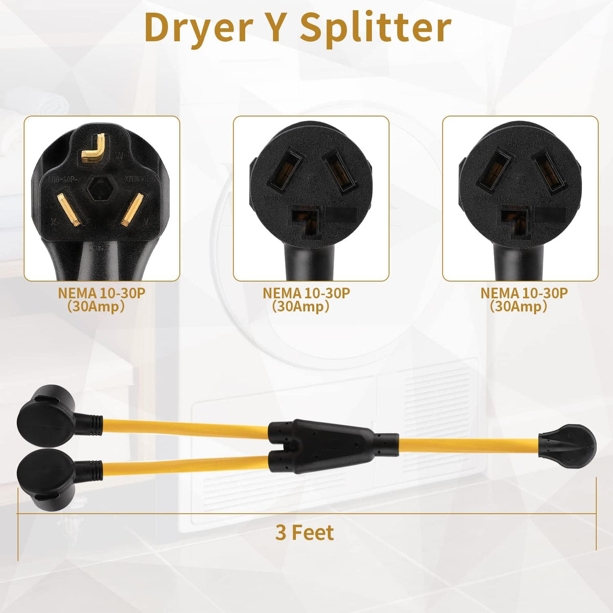 3 Prong Dryer Y Splitter 3 FT, 30 Amp 250 Volt 7500W STW 10 AWG, UL Listed Pack of 2 J976048