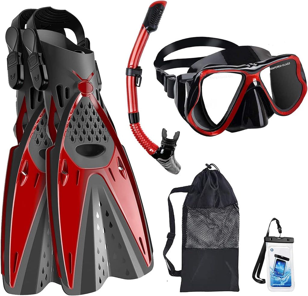 Snorkeling Mask, Diving Snorkel Tube, Adjustable Snorkeling Fins, Carry Bag, Waterproof Phone Bag E2427