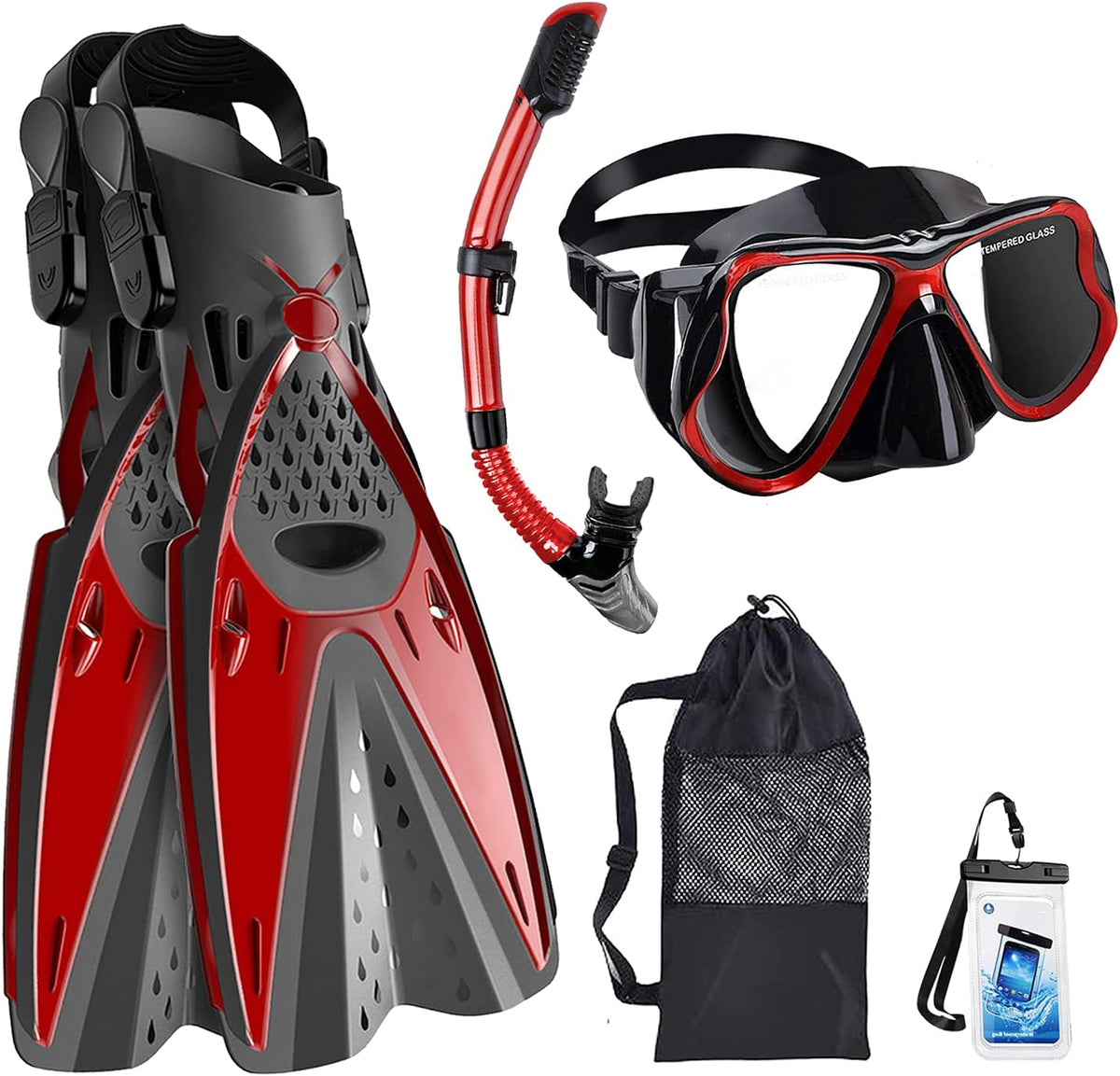 Snorkeling Mask, Diving Snorkel Tube, Adjustable Snorkeling Fins, Carry Bag, Waterproof Phone Bag E2427