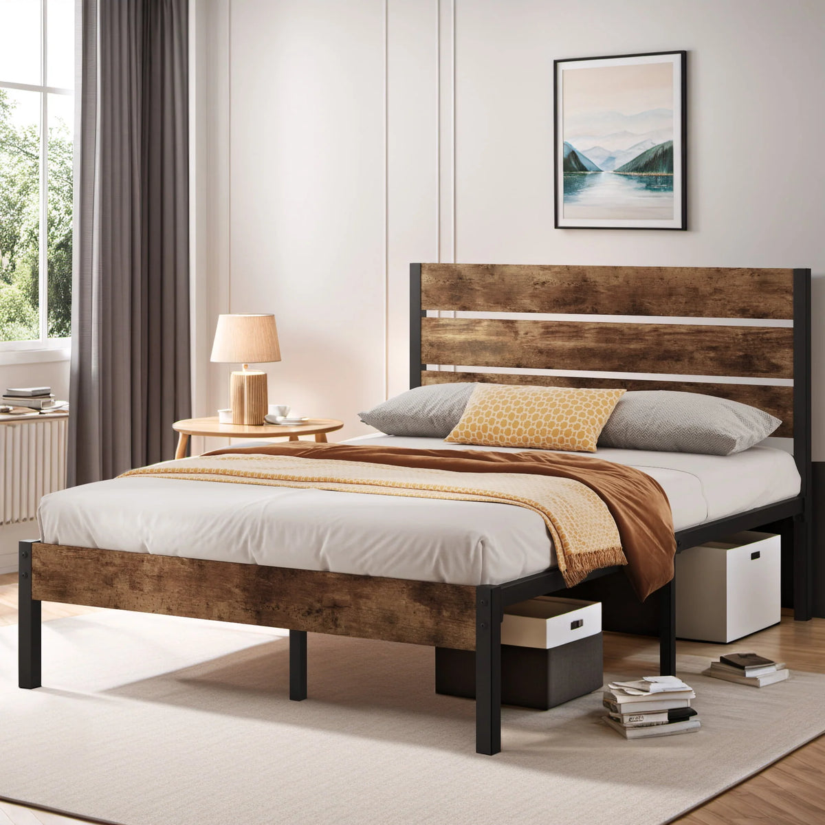 Queen Bed Frame with Wood Headboard and Footboard S342422