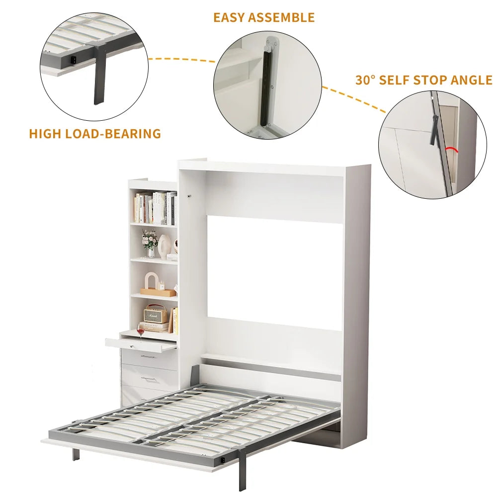 White Full Size Vertical Murphy Bed with Shelf and Drawers H53220