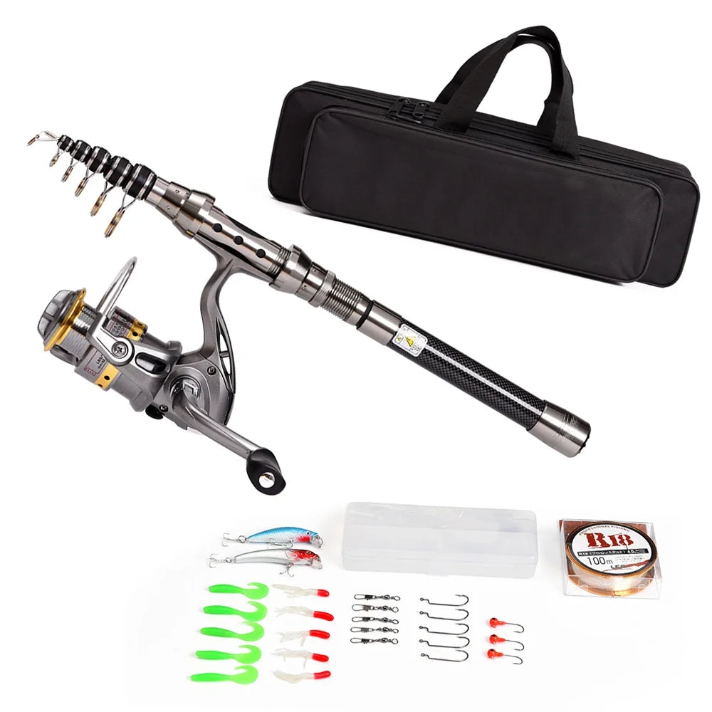 Telescopic Fishing Rod and Reel Combo Full Kit with 100M Fishing Line Lures Hooks Jig Head and Carrier Bag Case B2698