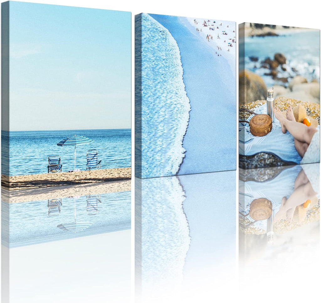 Seashell Beach Painting Seascape Coastal Blue Waves Canvas Print 12x16 inch x 3 Panels K2926