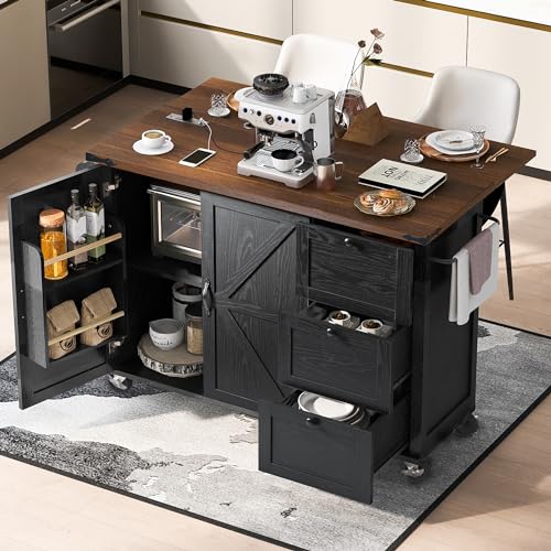 54.5" Farmhouse Mobile Kitchen Island with Power Outlet, Drop Leaf, Spice Rack and Drawer D231