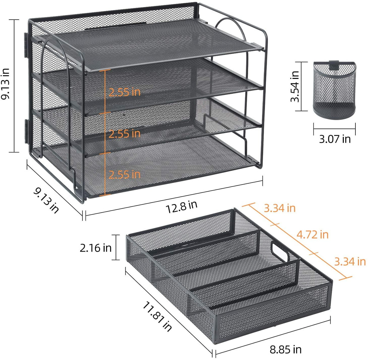 Black 4-Trays Mesh Desktop File Organizer with Drawer and Pen Holder R88168