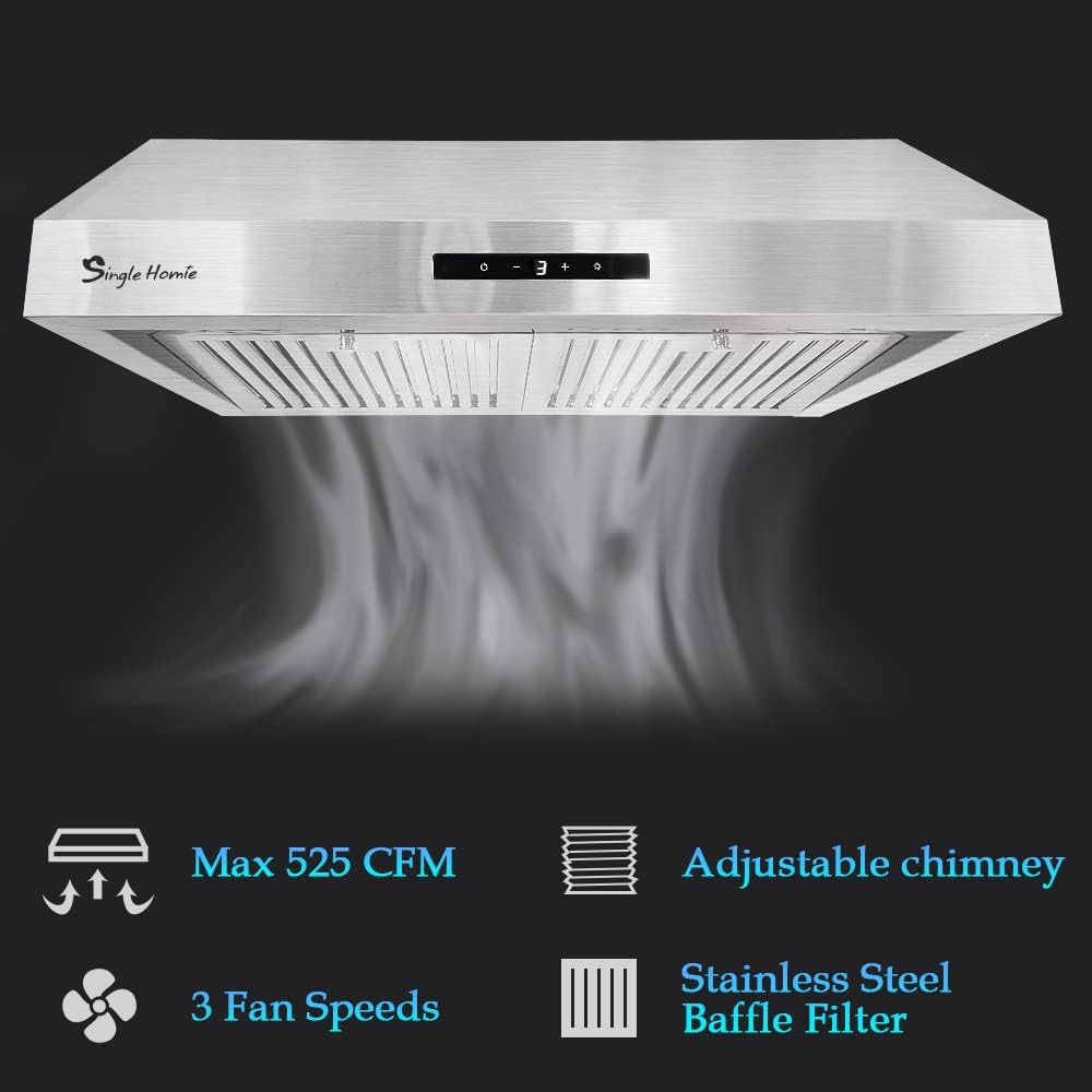 30 Inch Under Cabinet Range Hood, 525 CFM Stainless Steel Vent Hoods O5811