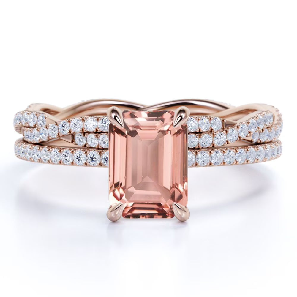 2 Carat Emerald Cut Morganite Bridal Trio Set L8842