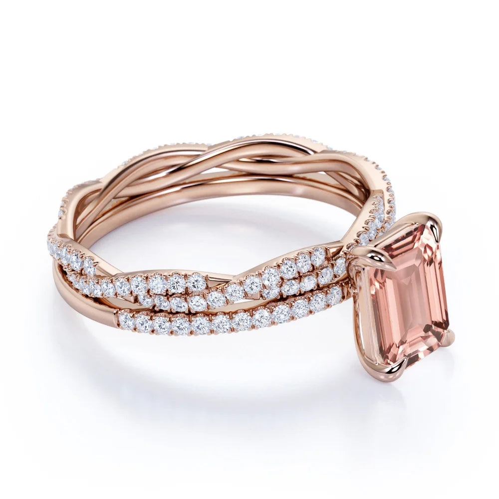 2 Carat Emerald Cut Morganite Bridal Trio Set L8842