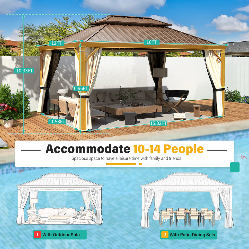 Brown Steel Frame Hardtop Gazebo with Curtains and Netting R954830