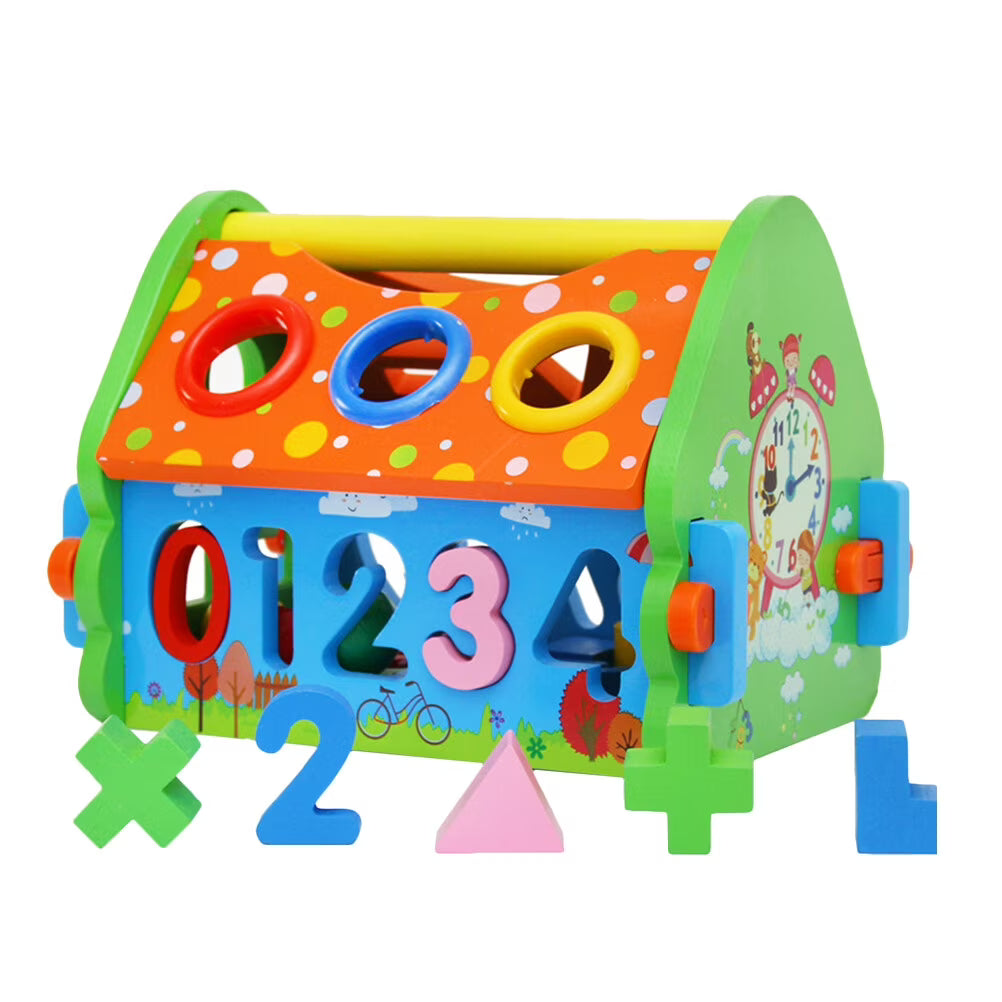 Wooden House Building Block Numbers Shape Matching Game Playset L526783