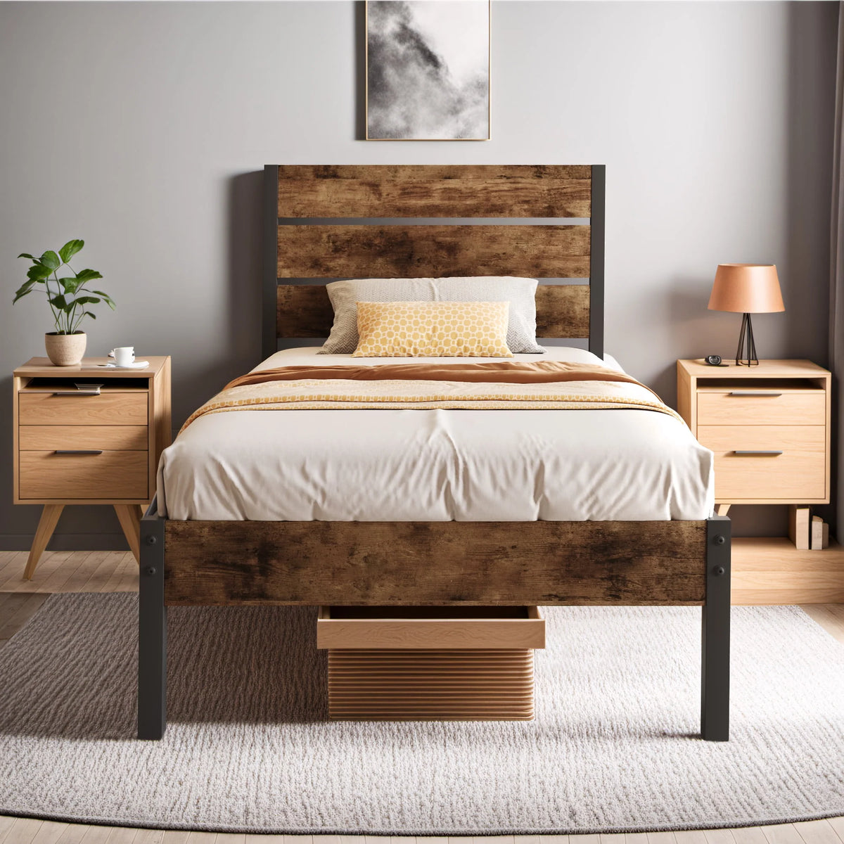Queen Bed Frame with Wood Headboard and Footboard S342422