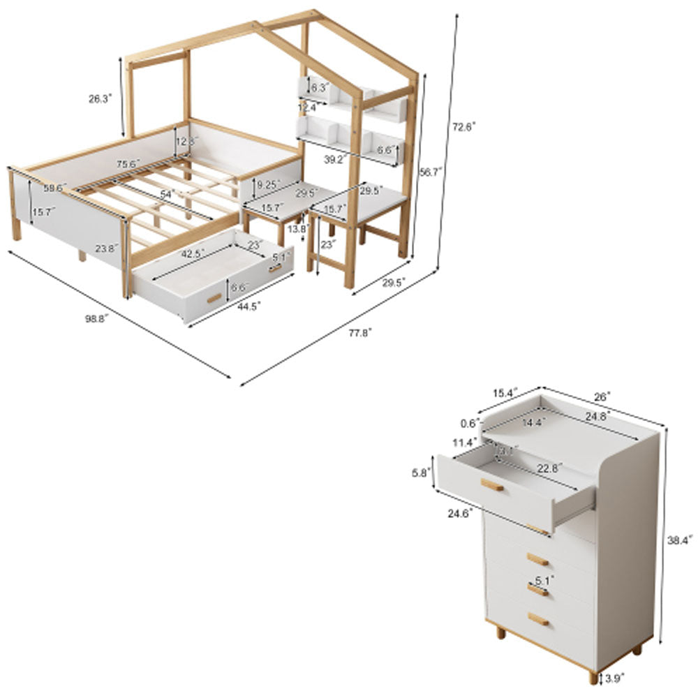 White Full Size Wooden House Bed with Desk and 6-Drawer Chest J369