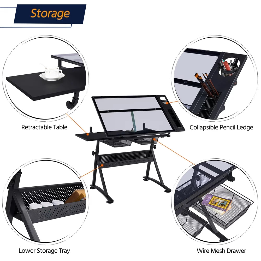 Black Adjustable Glass Top Drafting Table with Stool Q943589