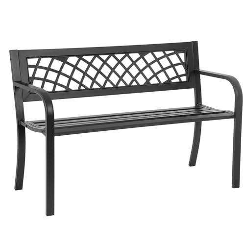 Iron Steel Frame Patio Bench with Mesh Pattern and Plastic Backrest Armrests, Black E3821