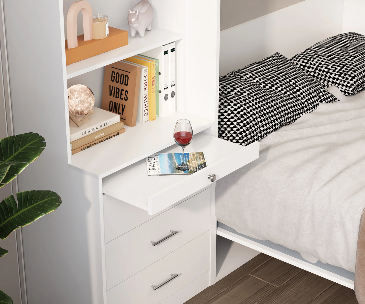White Full Size Vertical Murphy Bed with Shelf and Drawers H53220