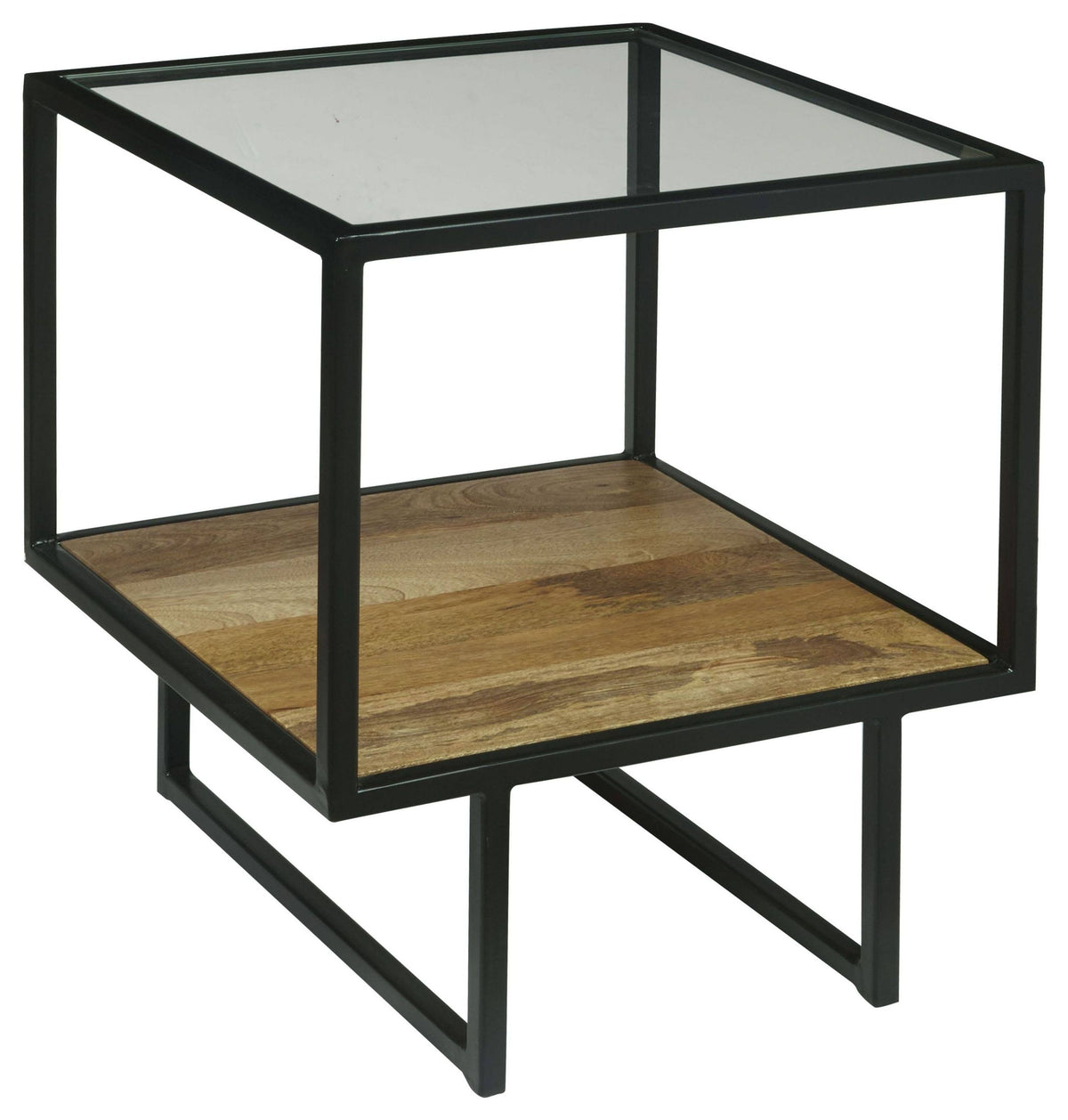Black Glass Top End Table with Wooden Shelf T18254