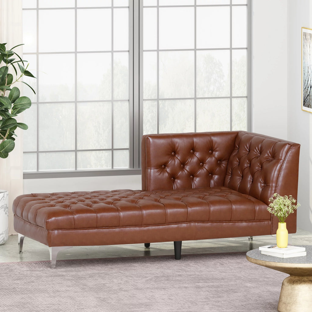 Cognac Brown Tufted Chaise Lounge L922