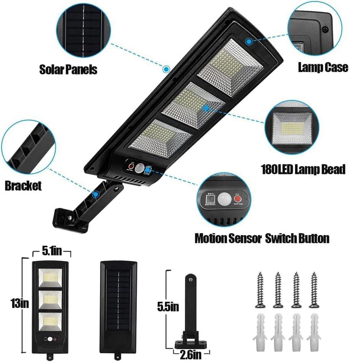 4 Pack Solar Street Lights Outdoor 180 LED Motion Sensor Flood Light with 3 Lighting Modes T3791