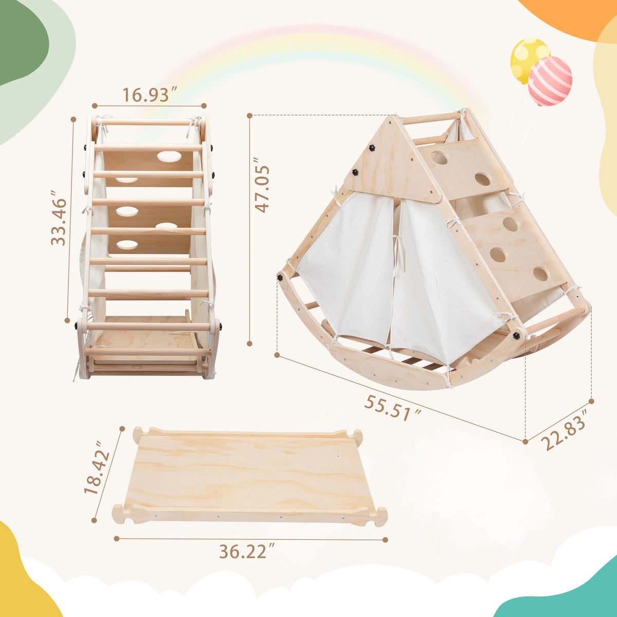 Foldable Wooden Climbing Triangle Ladder with Ramp B13434