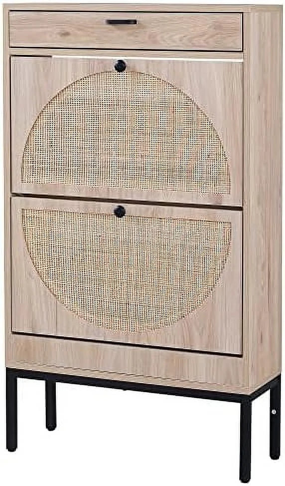 Shoe Cabinet with Flip Drawers and Woven Rattan Doors R6423