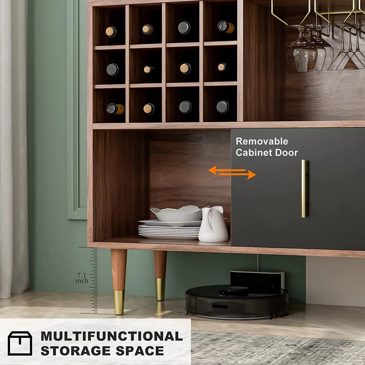 47 Inch Walnut Black Kitchen Sideboard Buffet Storage Cabinet with Wine Rack H56865