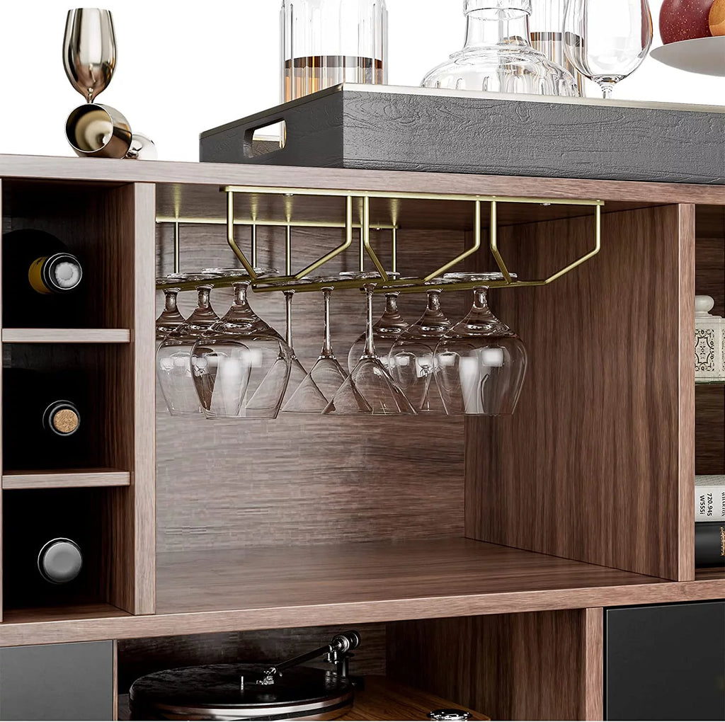 47 Inch Walnut Black Kitchen Sideboard Buffet Storage Cabinet with Wine Rack H56865