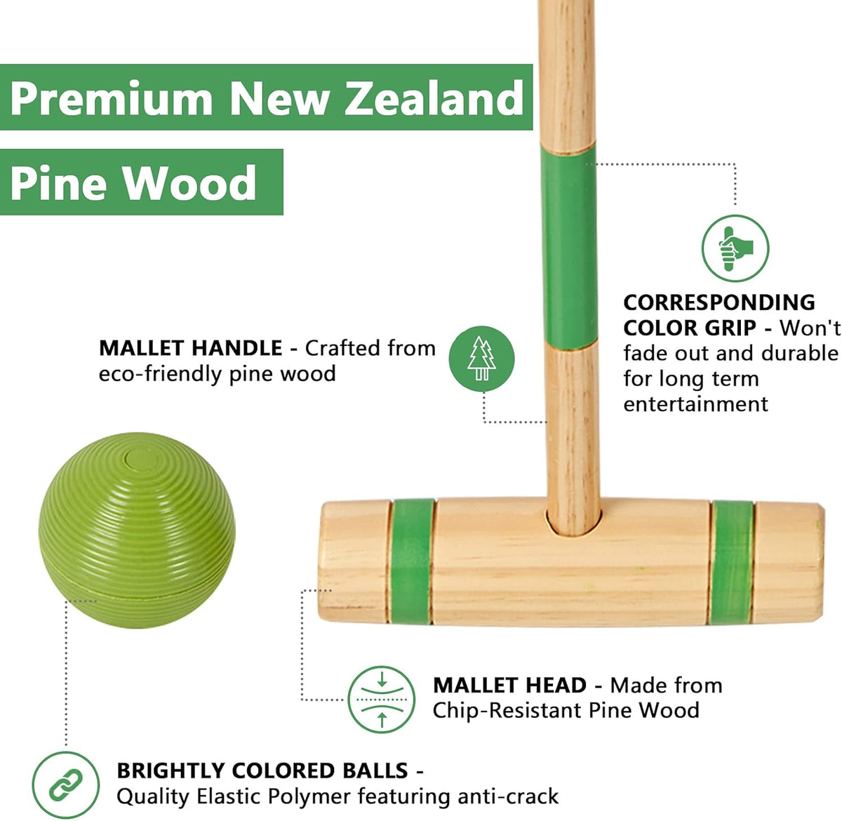 4 Players Croquet Set with Pine Wooden Mallets, Colored PE Ball, Wickets, End Stakes, Portable Carry Bag F363547