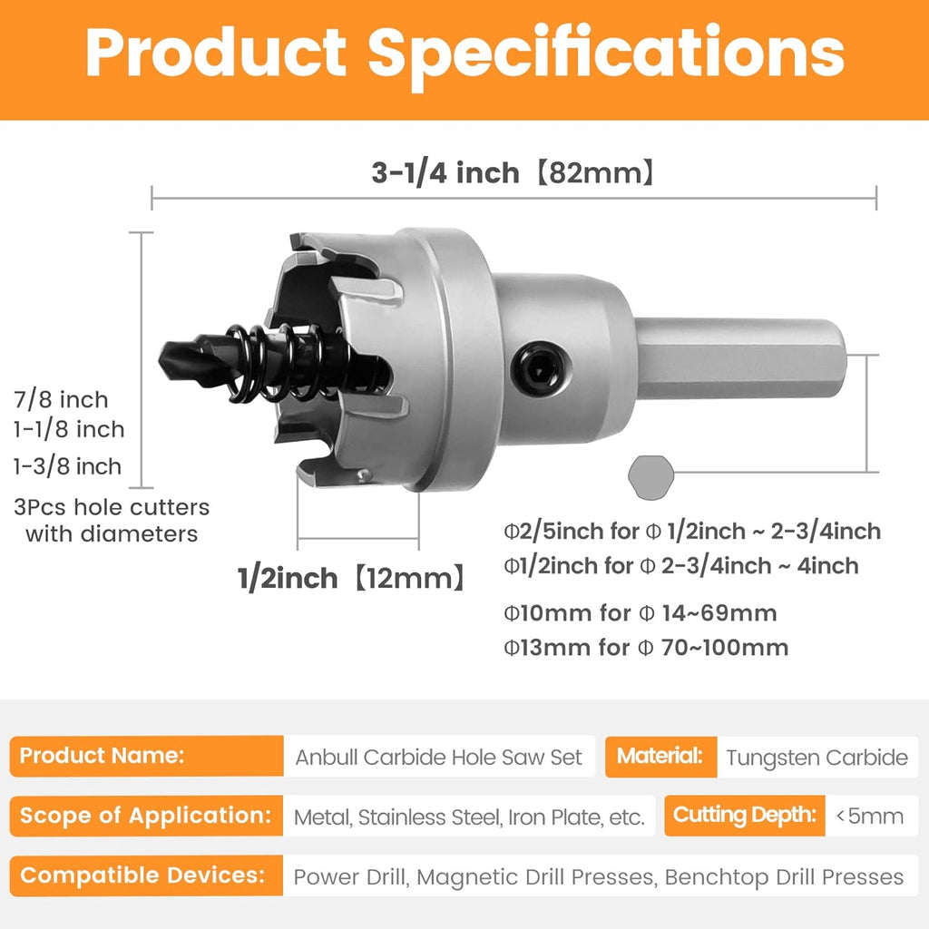 Carbide Hole Saw Kit 6-Piece with Pilot Bit and L-Wrench in Molded Plastic Case B5529