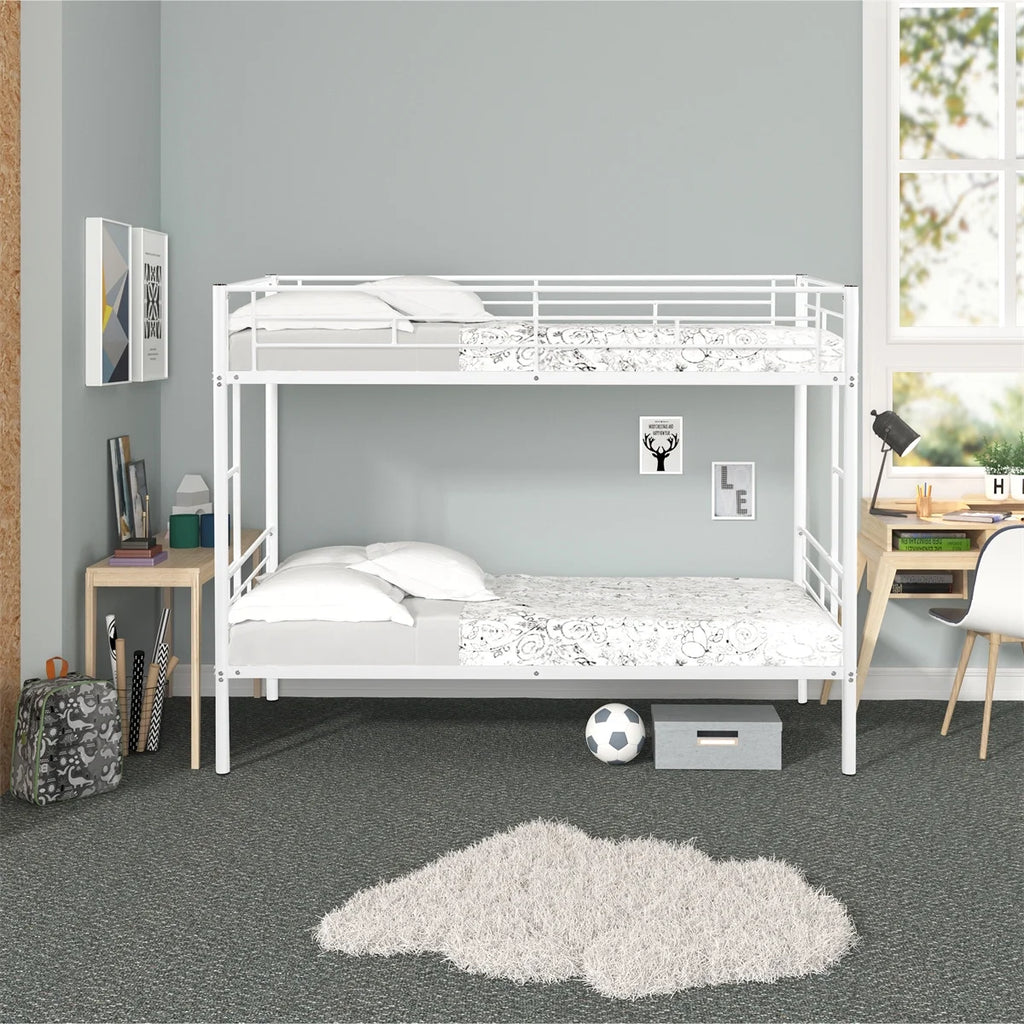 White Twin over Twin Bunk Bed with Guardrail and 2 Side Ladders T866