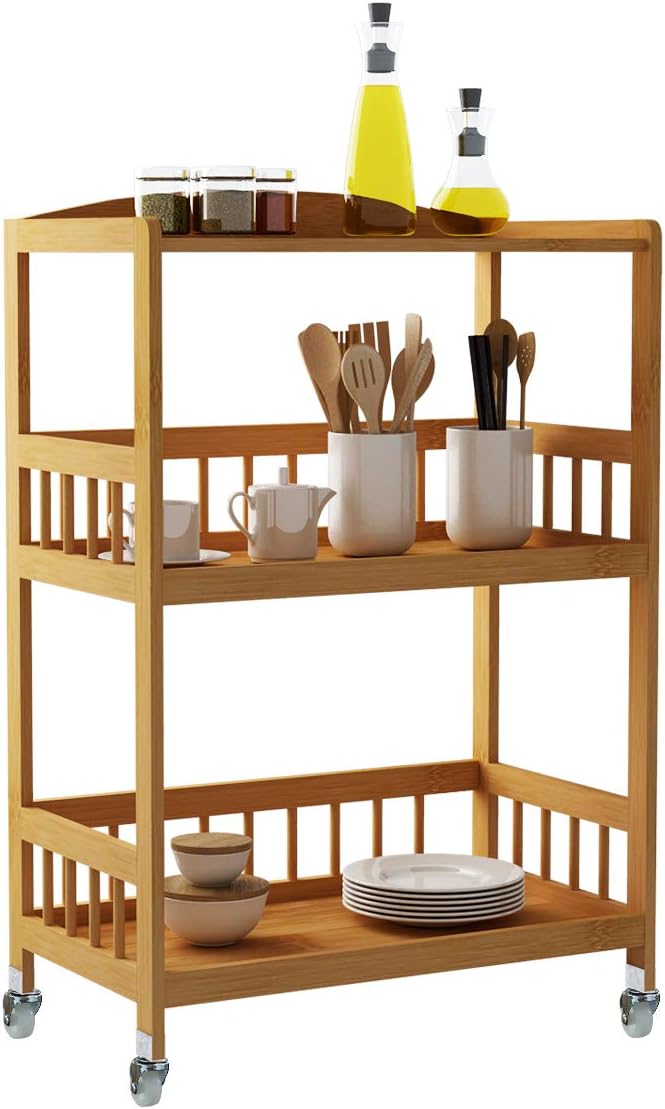 3-Tier Bamboo Storage Utility Cart on Wheels O536