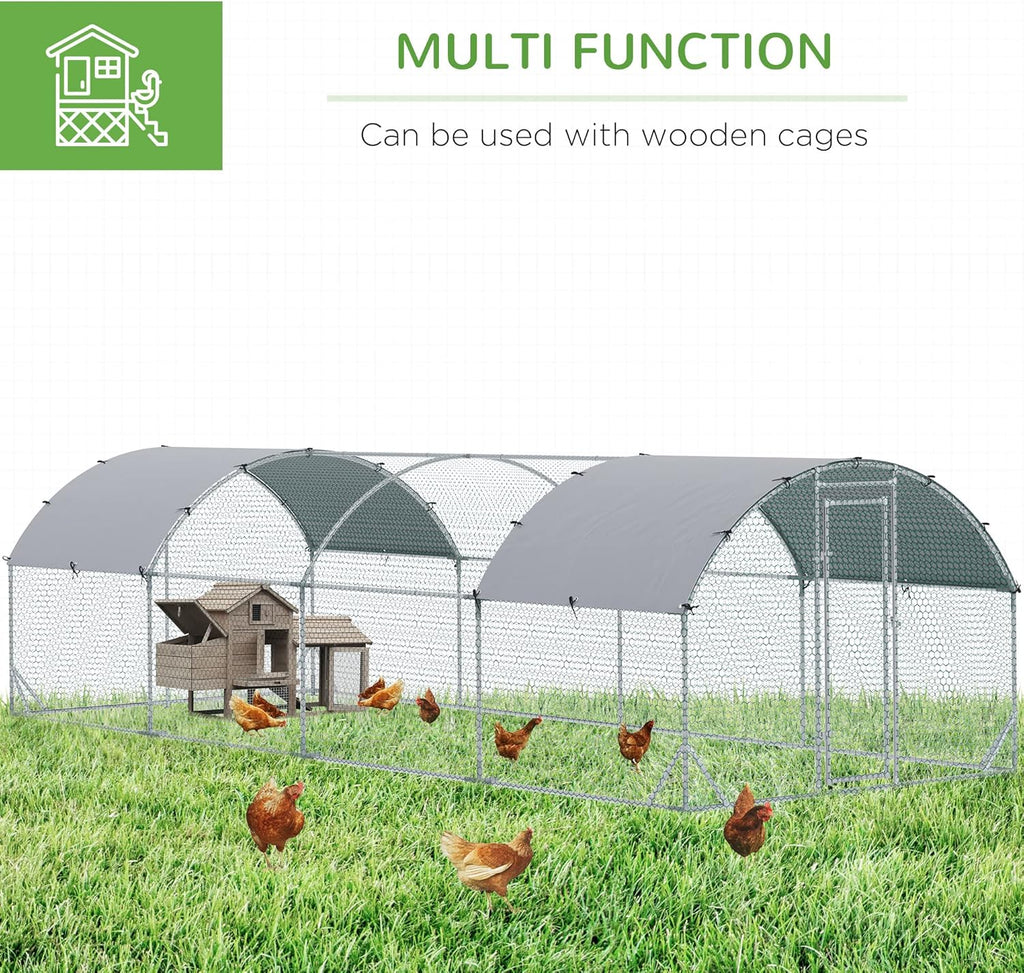 Large Metal Chicken Coop with Waterproof and Anti-UV Cover, Dome Shaped Walk-in Fence Cage, 1" Tube Diameter, 9.2' x 24.9' x 6.5' X202421