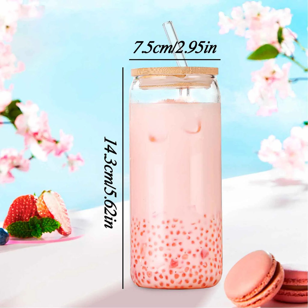 Can Shaped Glass Cups with Bamboo Lids and Glass Straw 6pcs W590